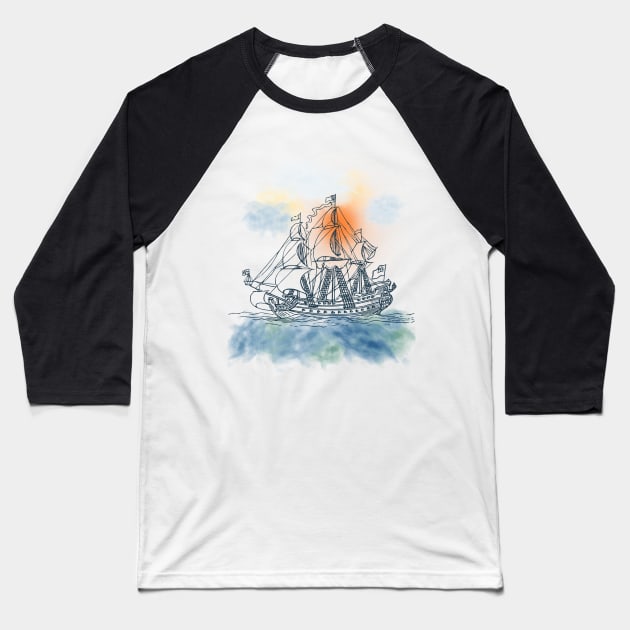 Sailing Ship with Orange Sun Baseball T-Shirt by Lighttera